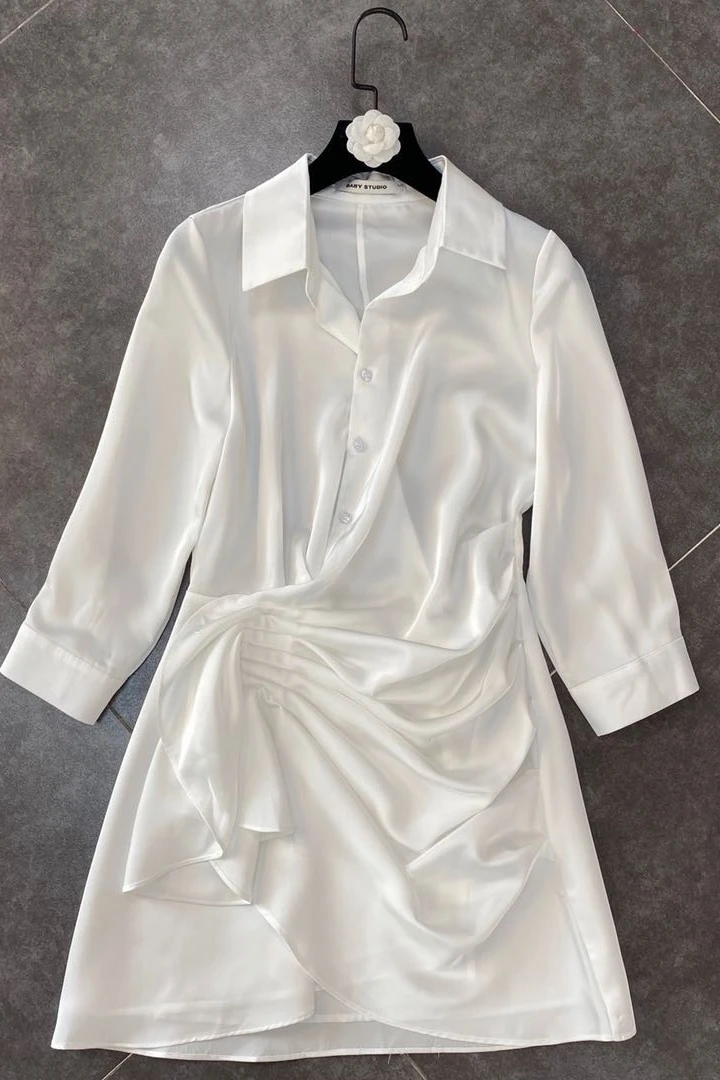 

ZCSMLL white vestido Spring lapel 9-point sleeves pinched splicing irregular niche designer shirt dress 2021 Summer