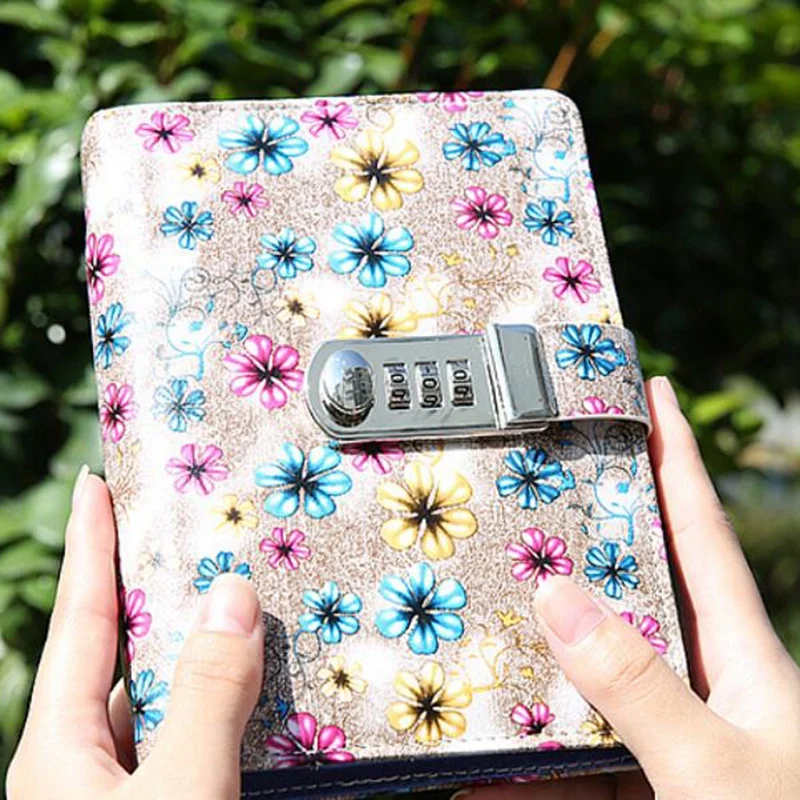 

A6 Diary Book with Lock PU Leather Flower Notebook Computer Learning Supplies Lockable Password Writing