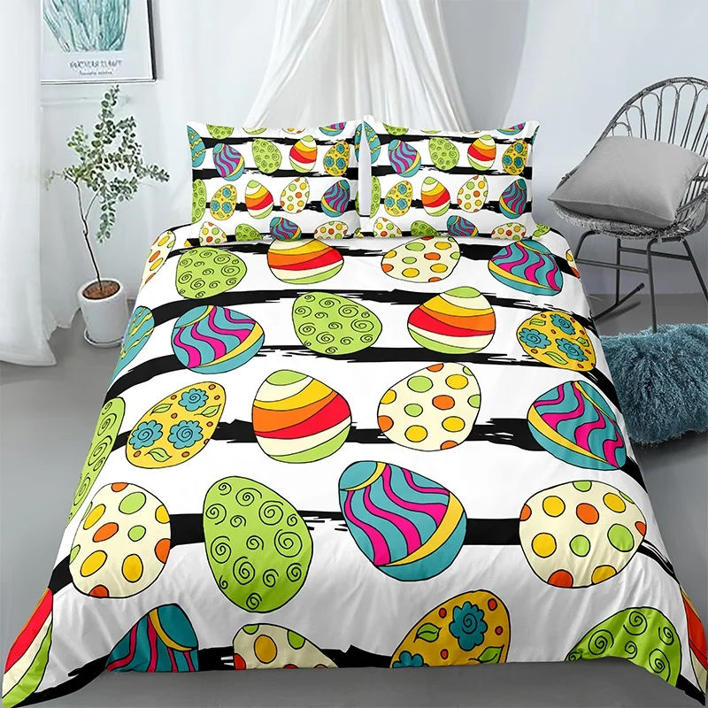 

Happy Rabbit Eggs Printed Single King Queen Size Bedding Set For Easter 2/3pcs Pillowcase Quilt Cover Bed Sets Home Textile