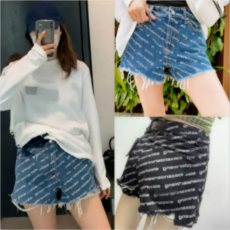 

AAW042 Women Denim Print Letter Allover Logo Jeans Shorts Black Blue Fashion Versatile A2/112644