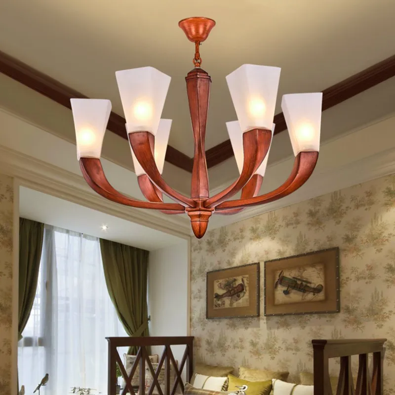 Foyer Parlor High ceiling chandelier Red wood LED suspension luminaire American vintage light glass chandeliers hotel furniture | Освещение