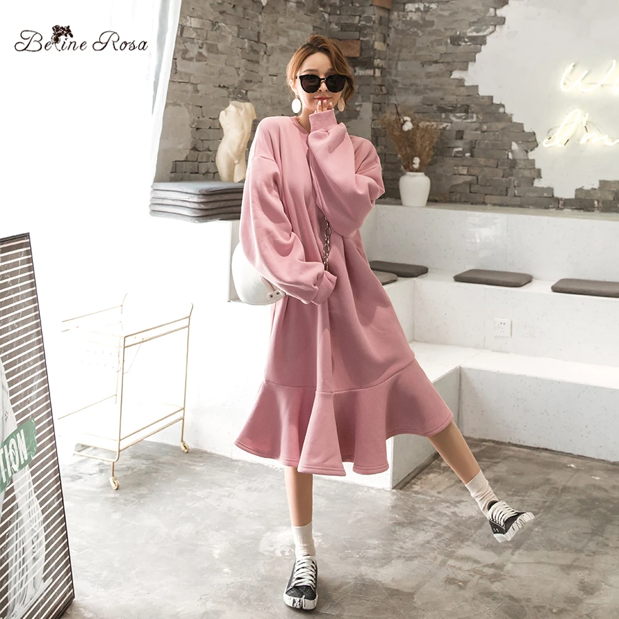 BelineRosa L, XL, 2XL, 3XL Элегантный розовый черный Повседневные толстовки и платья Свободные длинные хлопающие хлопчатобумажные ткани плюс размер зимнее платье HM000002