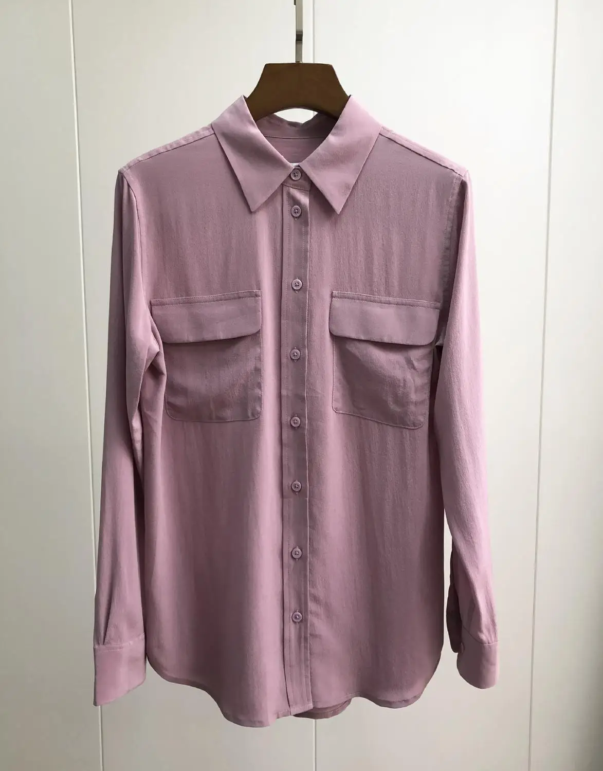 

100% Silk Fashion Women High Luxury Spring Autumn Elegant Lapel Solid Color Pockets Long Sleeve Loose Silk Shirt Blouse