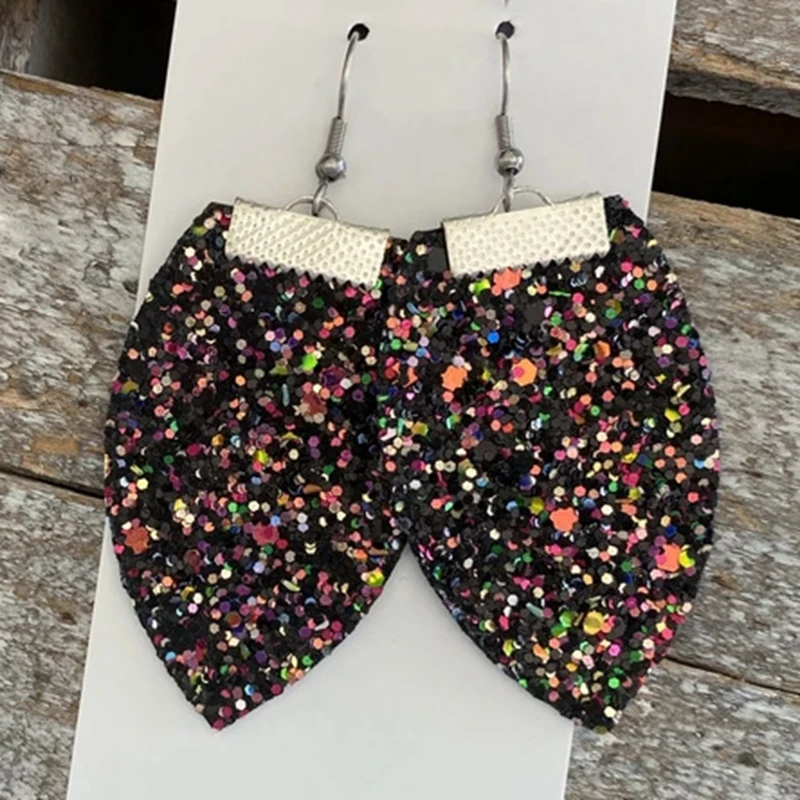 Кожаные Серьги с блестками в полоску|Серьги-подвески| |