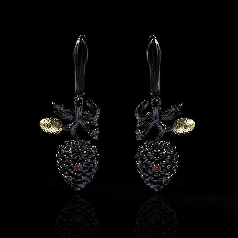 Уникальные ретро 925 серебряные серьги из сосны Красный Циркон черный золотой