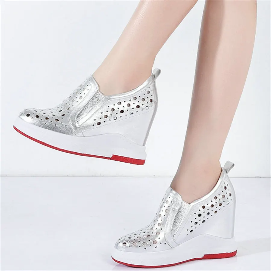 Туфли лодочки женские из натуральной кожи на танкетке высокий каблук круглый