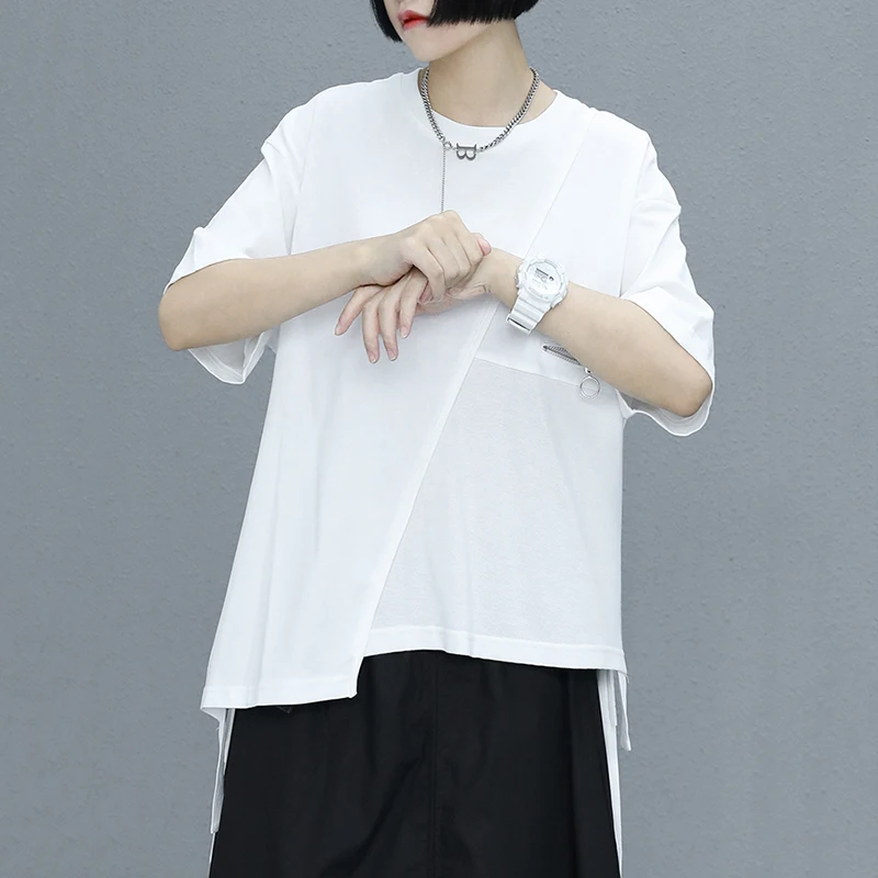 

[EAM] Women White Irregular Chain Spliced Casual T-shirt New Round Neck Half Sleeve Fashion Tide Spring Summer 2021 1DE0972