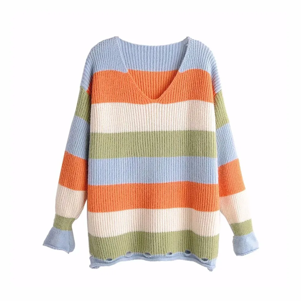 14 Женские Повседневные свитера в разноцветную радужную полоску, осенняя мода, водолазка, трикотаж, свободные пуловеры, джемпер, Pull Femme - Цвет: 14