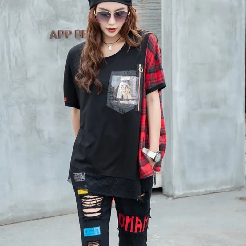 Летняя Свободная Женская Лоскутная футболка клетчатые повседневные топы с