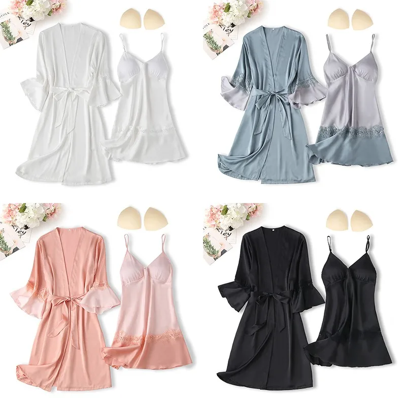 

Suspender Nightgown&Bathrobe Suit 2PCS Lace Robe Set Women Kimono Summer Dressing Gown Intimate Lingerie With Breast Pads