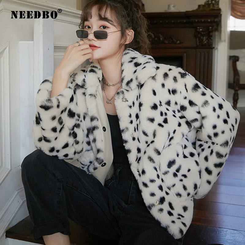 NEEDBO Faux Fur Coat Women Jacket Leopard Streetwear Warm Teddy Jacket Coat Oversize 2020 Outerwear Soft Fluffy Jacket Women