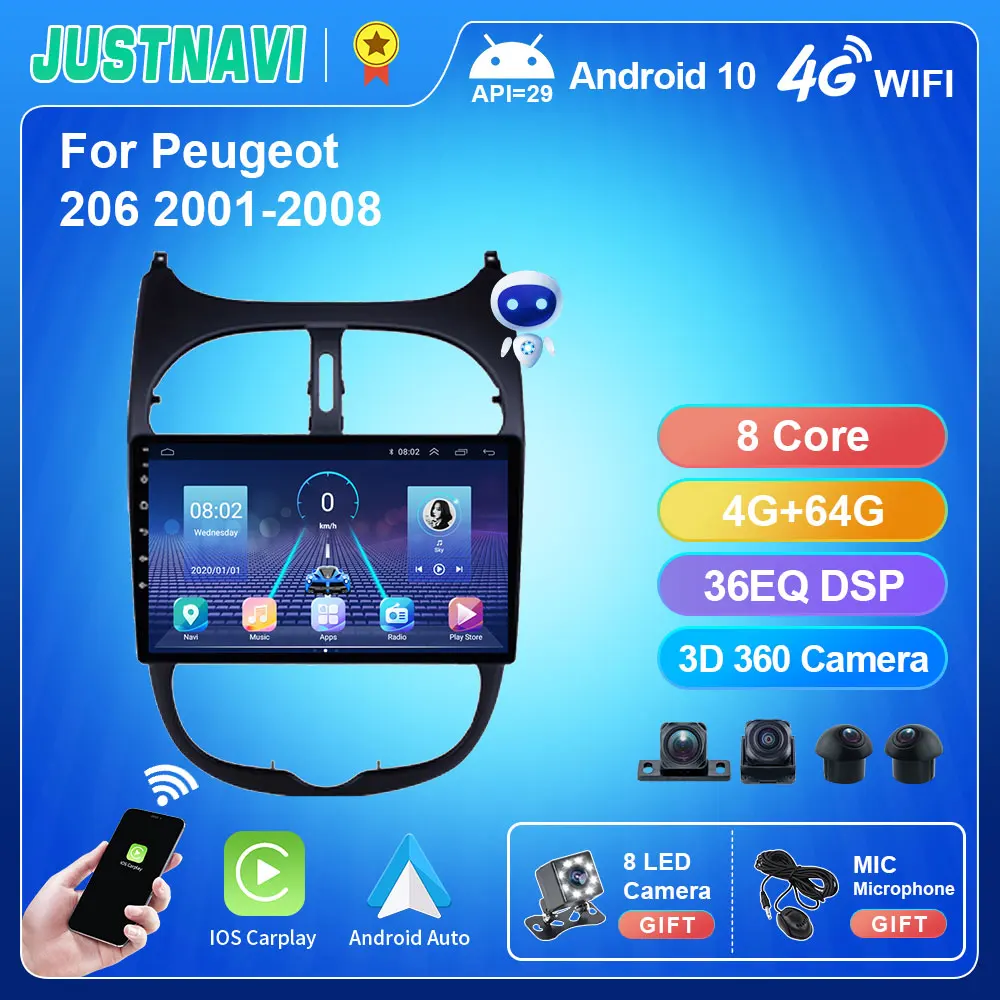 

Автомобильный радиоприемник JUSTNAVI QT5 360 9 дюймов 2 Din для Peugeot 206 2001 - 2008 мультимедийный плеер WIFI Android 10 RDS DSP GPS навигатор плеер