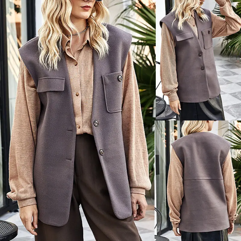 

Women's Sleeveless Korean Jacket Vest Solid V-neck Button Spliced Pockets 2021 Autumn Casual Fashion Long Basic Vests Female Top