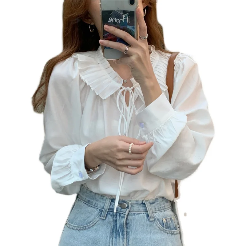 

Spring and Autumn White Doll Collar Shirt Women's New Design Sense Niche Korean Style Loose Tencel Long Sleeve Shirt Top
