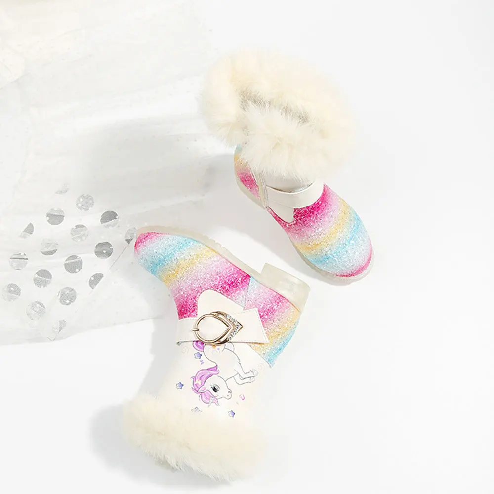 Детские флисовые ботинки для девочек яркие теплые зимние сапоги с единорогом