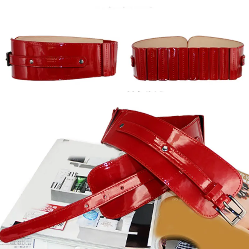 

Women Luxury Patent Leather Wide Stretch Belt Fashion Design Black Red Belt Suitable for Casual&Office&Party