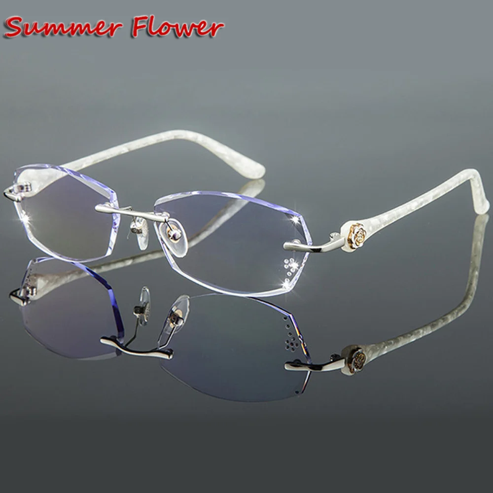 

Summer Flower Titanium Fashion Female Eye Glasses Diamond Trimmed Rimless Spectacle Frames Women Eyeglass Frame Colored Lenses