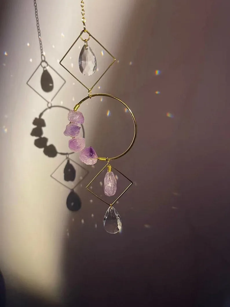 Celestial Amethyst Crescents circle crystal suncatcher/light catcher/suncatchers prism/Angel Aura quartz Suncatcher/Light Catche