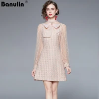 2021 runway designer autumn tweed dress womens stand up collar mesh sequins embroidered splicing short dress vestdios