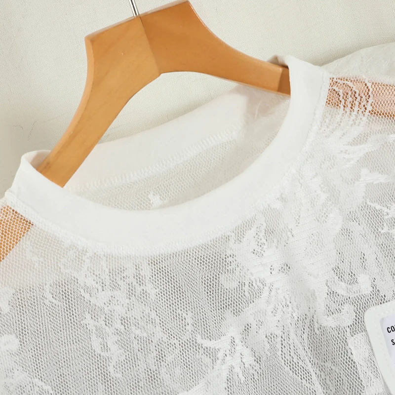 

Transparent Hollow White Top Korean Version Loose Short-sleeved Casual Student Mesh Shirt Summer New 2021 Top Female Fashion