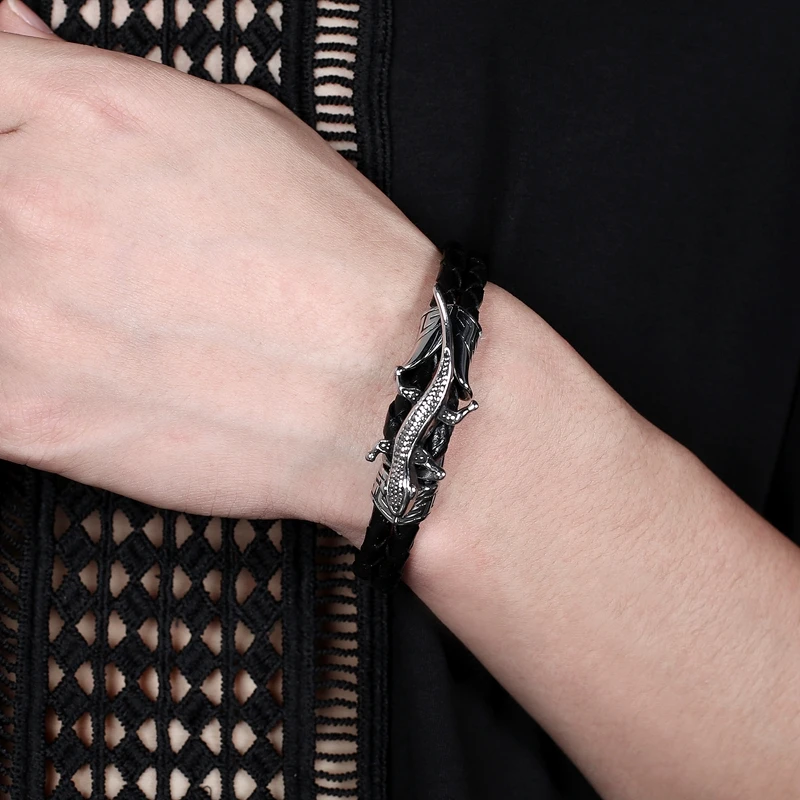 Мужские браслеты ювелирные изделия черный двойной слой кожа Нержавеющая сталь