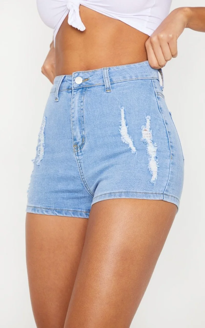 

European and American Loose New Light Color Ladies Fashion Tight Pockets Ripped Denim Shorts 2021