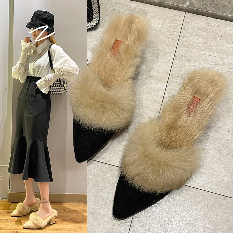 

Slippers Women Leather Designer Muller Shoes Fashion High Heels Ladies Lazy Shoes Baotou Half Slides Fashion Outwear