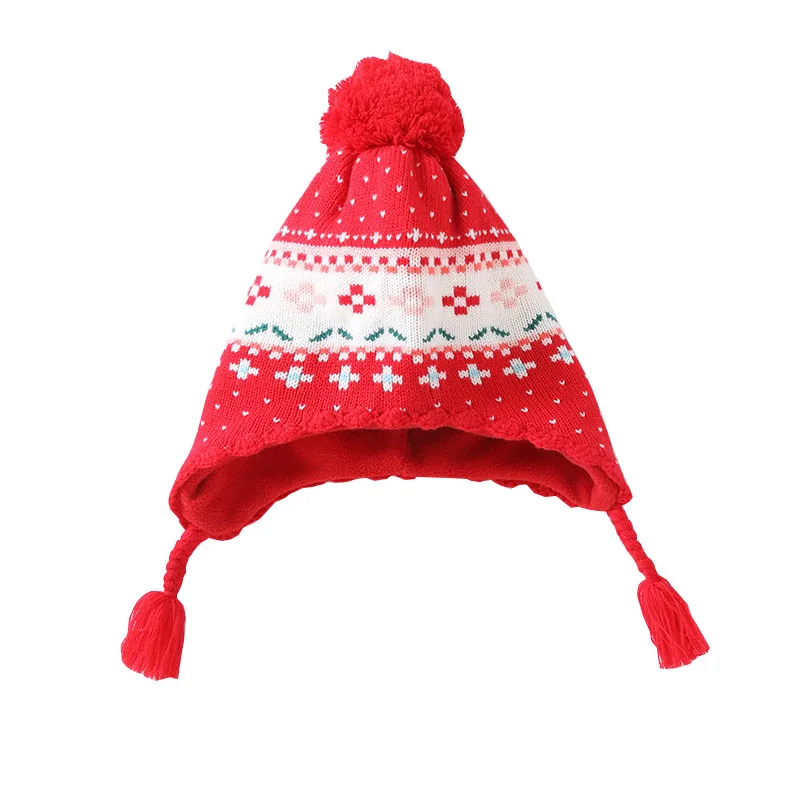 Новая зимняя толстая детская одежда Шапка Милый цветок Красный шарф Теплая шапка для девочек Дети Рождественский подарок Фото Реквизит