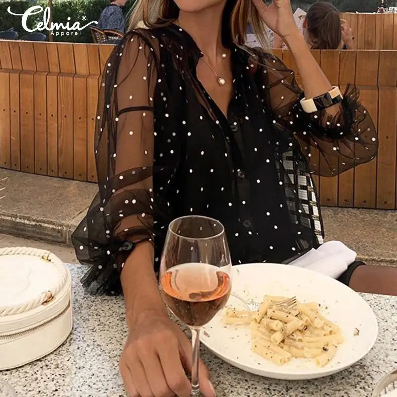 2021 летние женские прозрачные сетчатые блузки Celmia Прозрачные топы с длинным