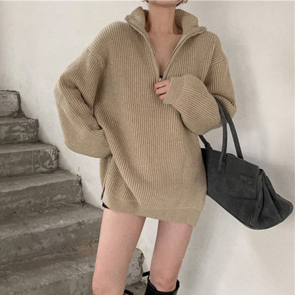 

Vintage Sweater Women Straight Pullover Plain Khaki Fashion Zipper 2022 Autumn Winter Female Tops Knitting Wear Sweaters