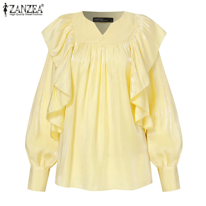 

Office Ladies Women Blouses ZANZEA 2021 Summer Ruffle Patchwork Tops Casual Puff Sleeve O-neck Loose Tops Oversize Blusa Femme