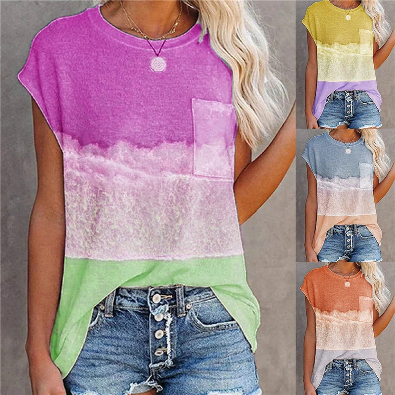 

New 2021 Women's T Shirt Fashion Stripe Tie Dye Print Tops O-Neck Short Sleeve Loose Harajuku T-shirt Summer Clothes For Women
