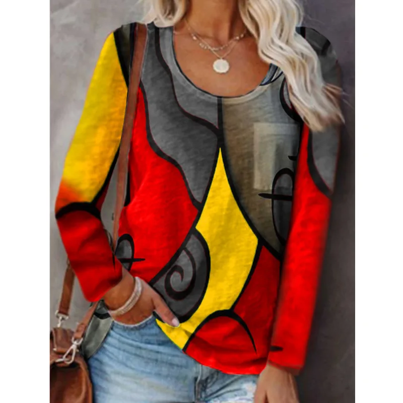 

2021 autumn and winter new European and American women's casual long-sleeved T-shirt plus size color matching blouse women