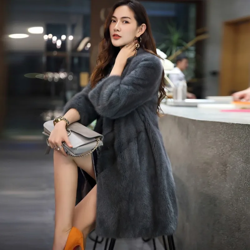 Luxury Top Brand Mink Fur Real Fur Womens Medium Length Overcoats Korean Stand Collar Nine Points Sleeve Female Outerwear Coats