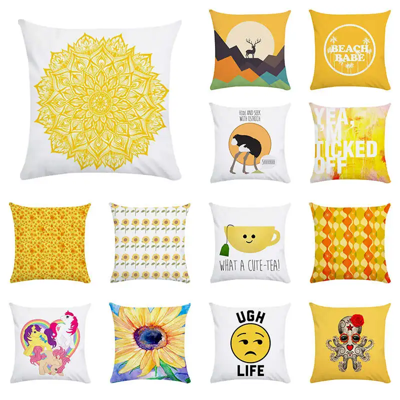 Желтая портретная льняная наволочка 45*45 Декор мультяшная подушка для дивана
