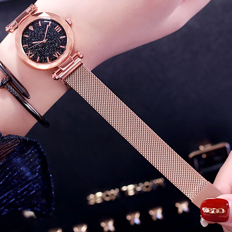 

2020 Luxury Starry Sky Mesh Bracelet Watches For Women Crystal Watch Quartz Ladies Wristwatches Dress Clock Gold Black XX002