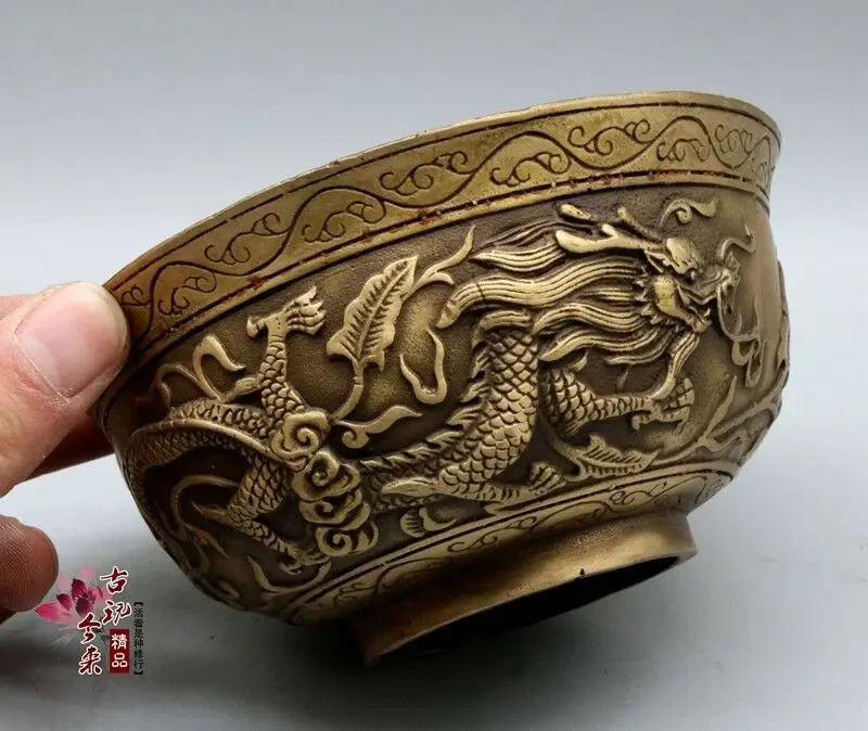 

Chinese old bronze bowl double dragon opera pattern