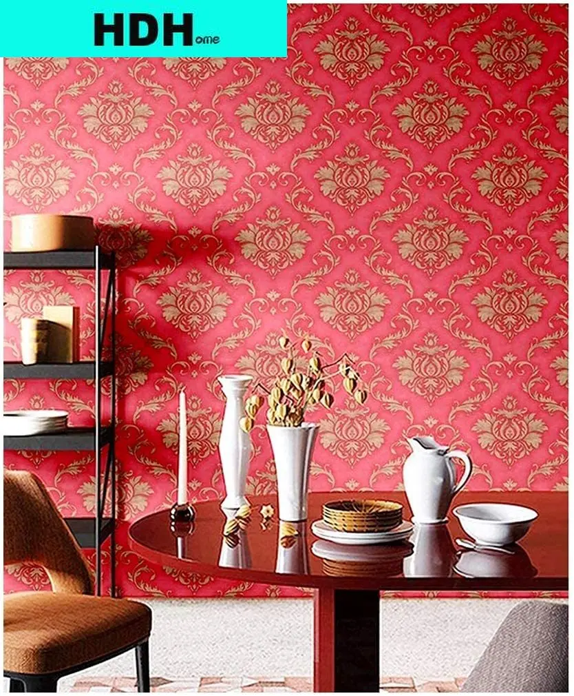 HDHome Red Gold Damasks Peel and Stick Wallpaper PVC Waterproof Wall Decor Vinyl Removal Self Adhesive Contact Paper Decorative