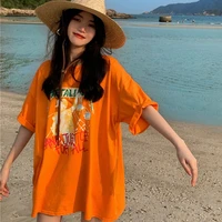 summer 2021 bottoms disappear cartoon printed compassionate womens summer loose mid length blouse orange short sleeved dress