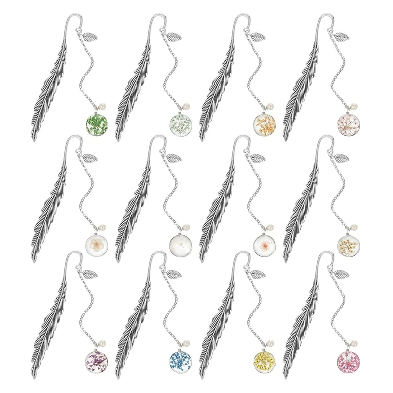 

12 Pcs Metal Feather Bookmarks Exquisite Feather Flower Book Clip with Glass Beads Dry Flower Pendant for Reading