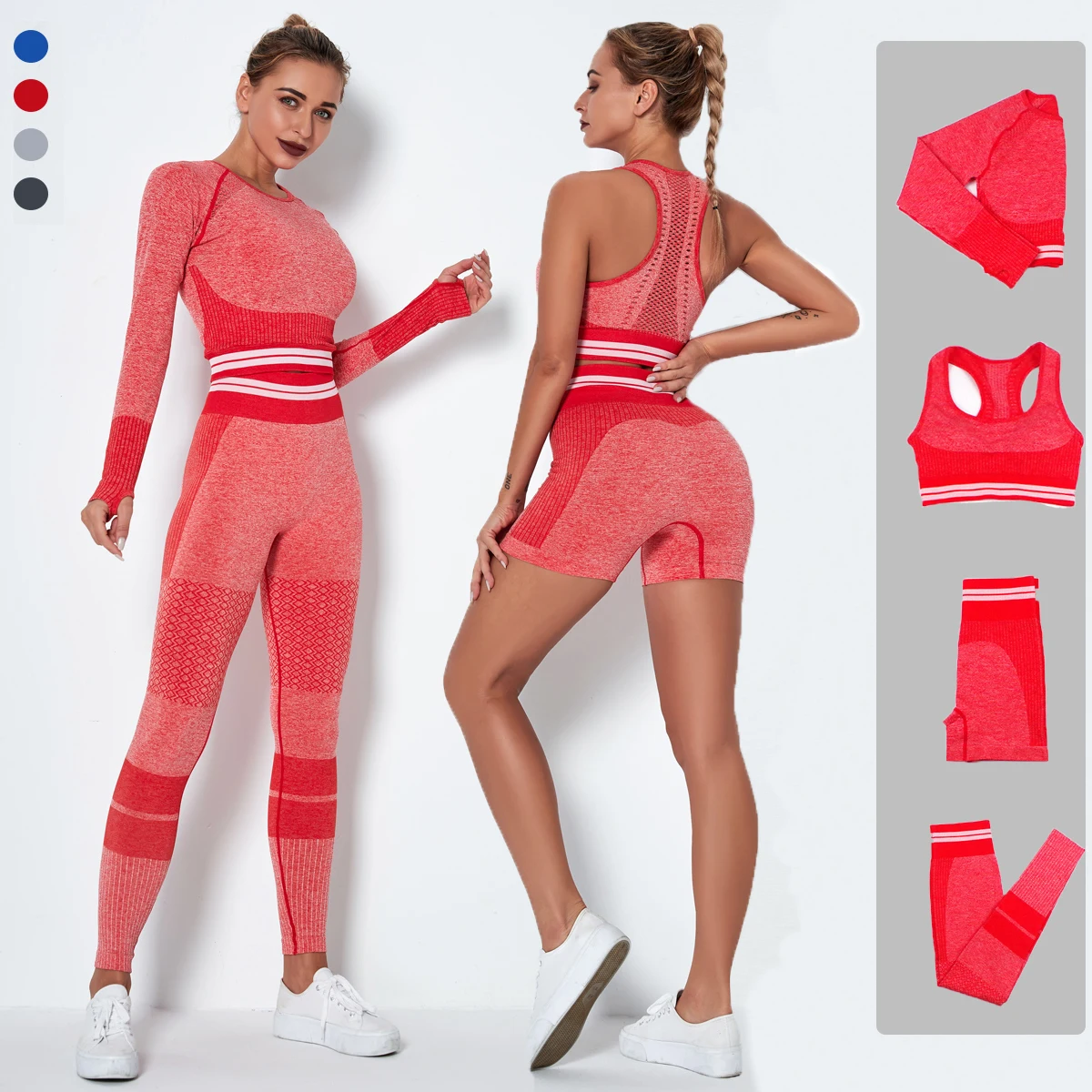 

2/3/4 Pieces Women Seamless Yoga Suit Workout Clothes Fitness Yoga Set Long Sleeve Shirts Sports Bra Leggings Running Shorts Set