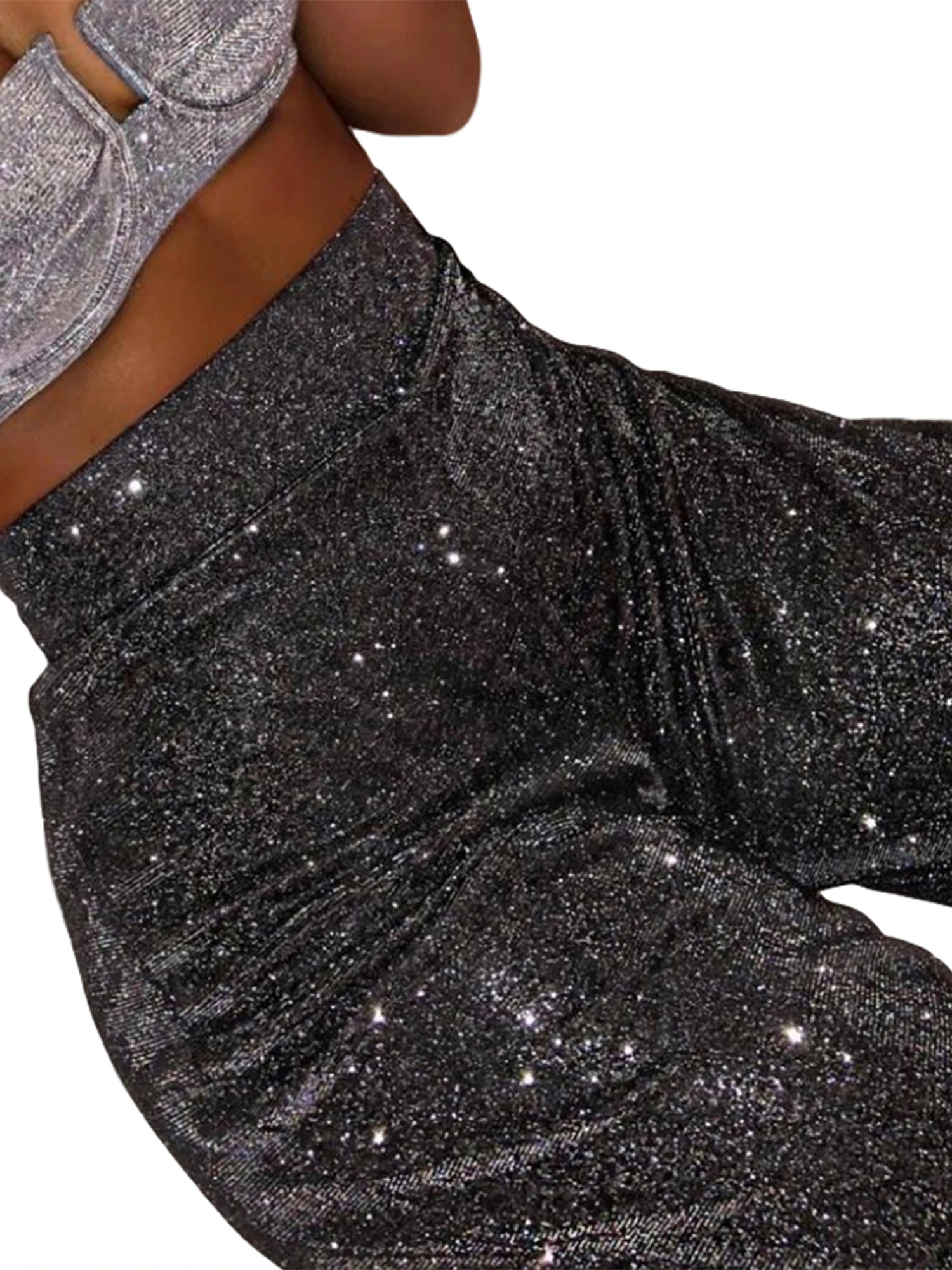 

Silver Glitter High Waist Wide Leg Pants Women Winter Trousers Sexy Casual Bell Bottom Pants Festival Club Wear