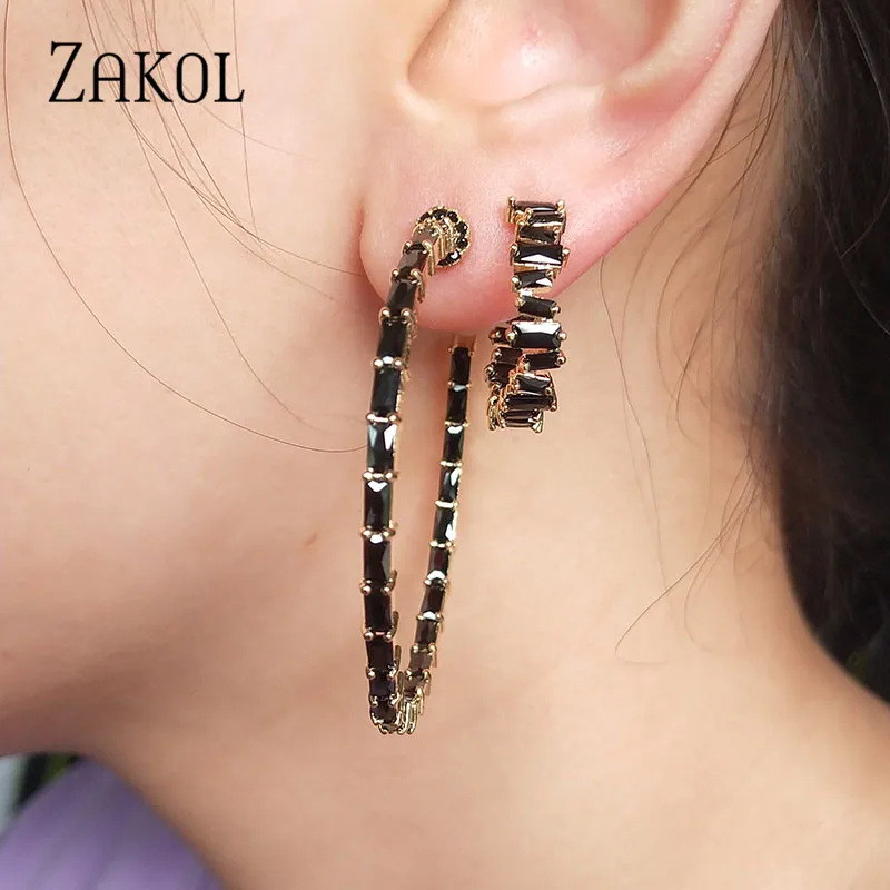 ZAKOL трендовые черные багет кубического циркония T камень серьги гвоздики для