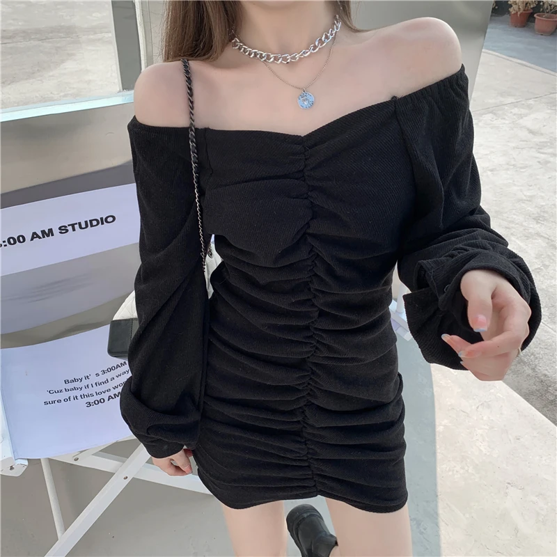 

Cotday Full Sleeve Slash Neck Sexy One Line Collar Autumn And Winter Temperament Women Thickened Knitted Package Hip Mini Dress