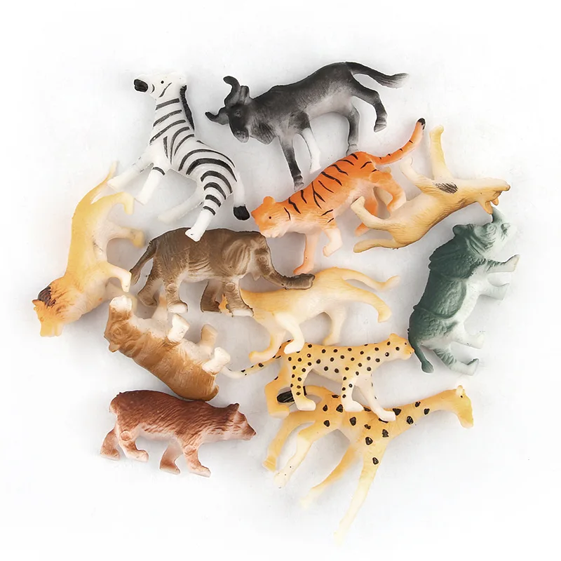 

New 12pcs Wild Jungle Zoo Animal Models Suit Lion Tiger Giraffe Rhino PVC Action Figure Miniature Doll Kid Educational Toys Gift