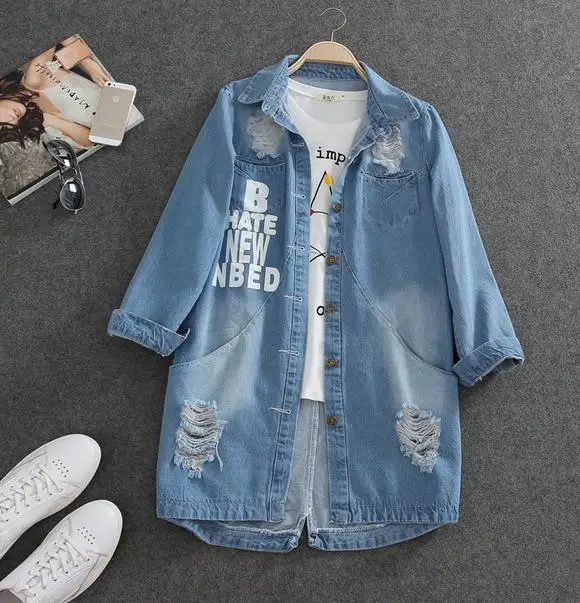 

Ladies Denim Jackets Women Spring Turn Down Collar Hole Long Sleeve Casual Denim Jacket Women Jeans Coat Outerwear Plus Size 8XL