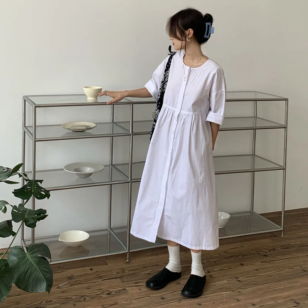 

Japanese Style Fashion Women's Temperament Dress 2021 Loose Casual Folds Solid Color Single-breasted Round Neck Summer