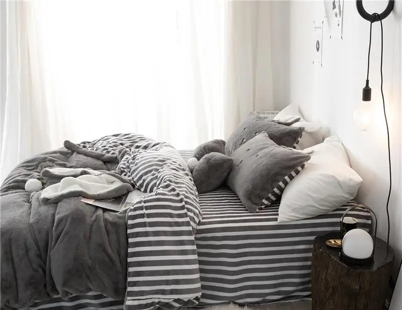 -Luxury Solid Color Fleece fabric Bedding Set Duvet Cover Sheet Pillowcase King Queen twin Size White Gray pink Bed Linen | Дом и сад