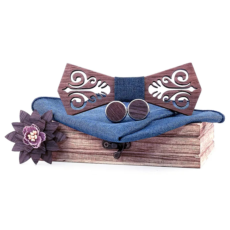 

Linbaiway Novelty Hollow Bow Ties for Mens Suit Wooden Bowties+Handkerchief+Brooch+Cufflinks Set with Box Male Wedding Corbatas