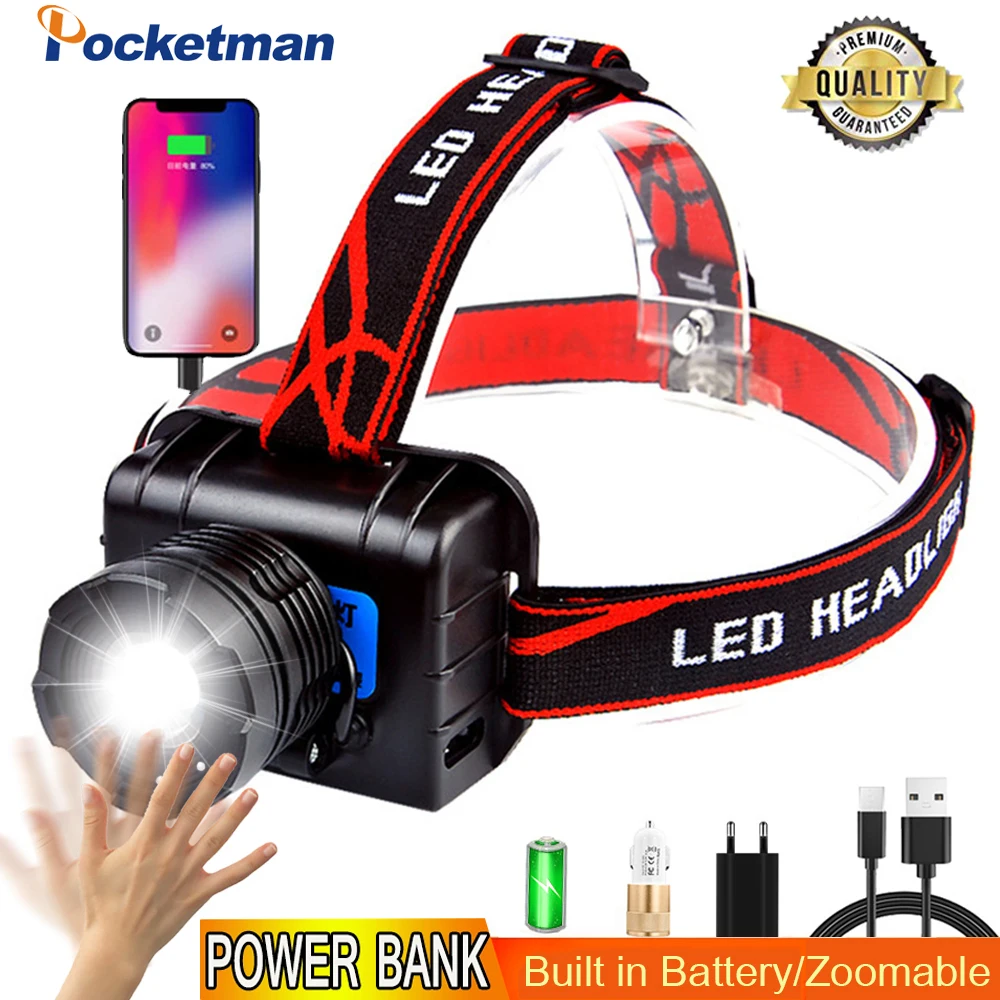 

Powerful Headlamp Motion Sensor Headlight Power Bank USB Rechargeable Head Lamp Waterproof Head Torch for Camping Lamp